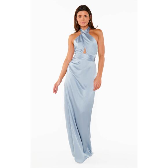 Show Me Your Mumu Adele Halter Maxi Dress in Steel Blue Luxe Satin M - Picture 2 of 5